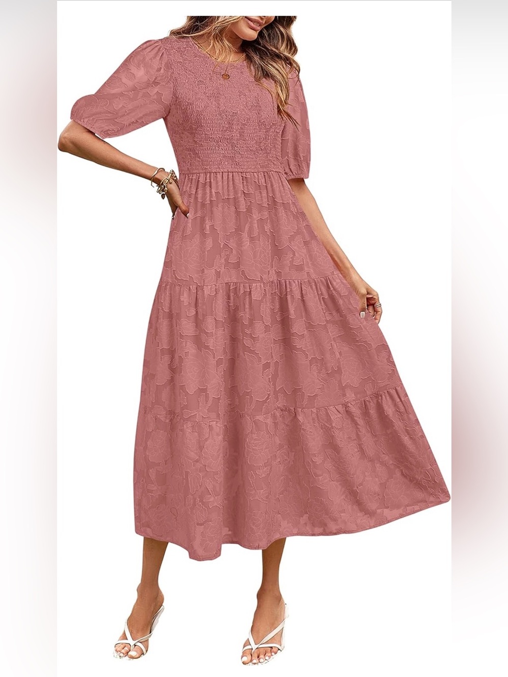 NWT Smocked Puff Sleeve Maxi Dress in Dusty Rose, Medium